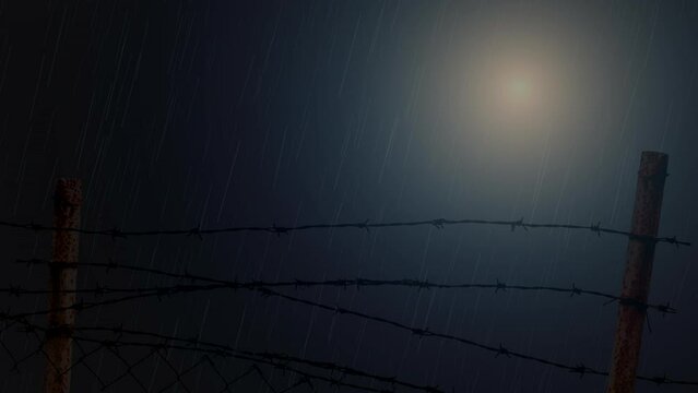 Barbed wire fence in night rainstorm