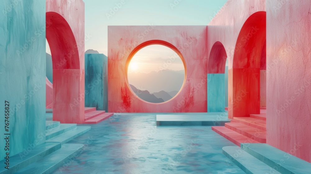 Poster the sun is setting behind a circular window in a building