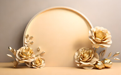 soft gold color beautiful flowers leaf in studio 3D rendering podium for product display wallpaper