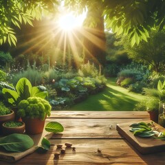 Spring summer beautiful natural background with green foliage in sunlight and empty wooden table outdoors, background mockup