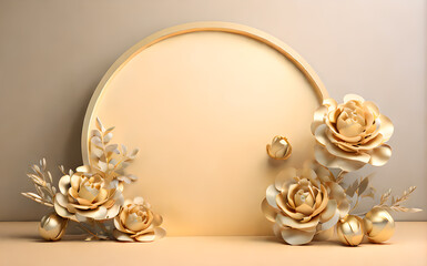 soft gold color beautiful flowers leaf in studio 3D rendering podium for product display wallpaper