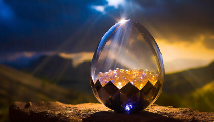 The sun's rays illuminate the glass Easter egg with pearls inside. Panorama of the hills and spectacular light.