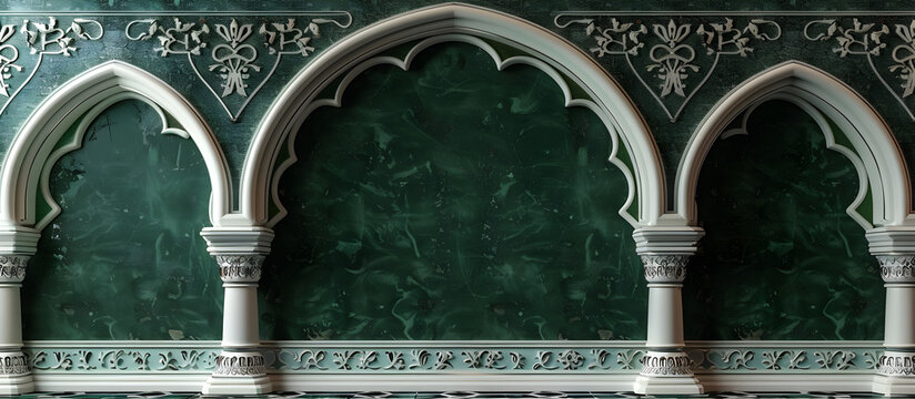 Luxurious Arabic background with stylish white and green patterns and ornate arch frame, suitable for events, ceremonies, and interior decoration.