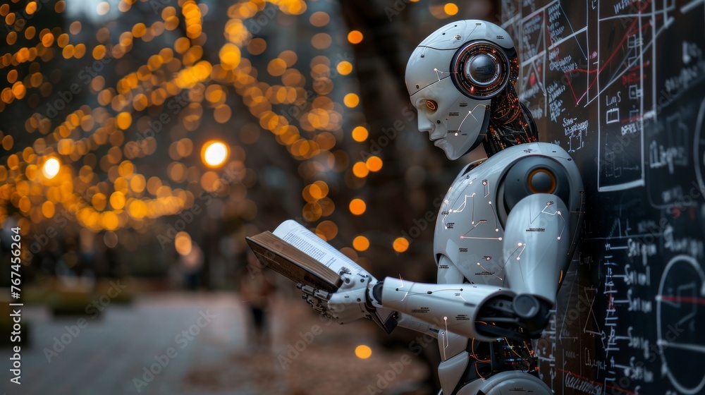 Poster humanoid ai robot studying math with book surrounded by holographic formulas on blurred background
