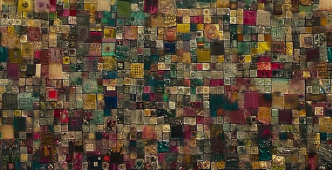  a picture of a wall made up of many small squares of different colors and sizes, all of which have been altered to look like a mosaic.