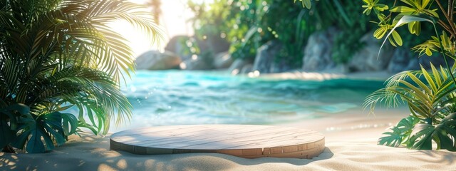 Beach podium summer background sand product 3D sea display platform. Beach podium summer banner stand scene sale sky holiday vacation stage water island sun travel pedestal promotion presentation ad.