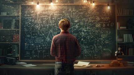 Sage academic pens sophisticated physics theories on a blackboard, in an environment rich with classical literature, epitomizing the fusion of art and science