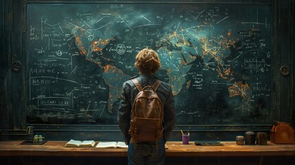 Sage academic pens sophisticated physics theories on a blackboard, in an environment rich with classical literature, epitomizing the fusion of art and science - obrazy, fototapety, plakaty
