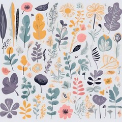 A collection of seamless pattern, colorful abstract plants and flowers. Hand drawn Collection of leaves and flowers. A close up of a pattern of flowers and leaves.
