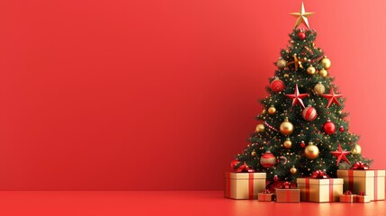 Elegant christmas tree decorated with golden baubles and gifts on a festive red background
