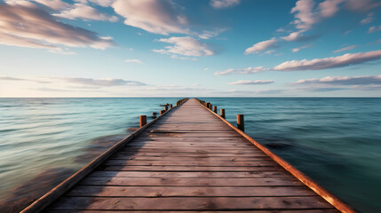 Mid shot of minimalist pier extending into lake