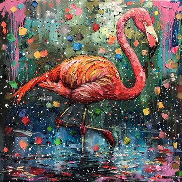 Vibrant pink flamingo standing in water, abstract artistic splash background. colorful modern art piece for decor. AI