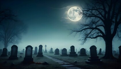 Spooky cemetery landscape with old tombstones and fog. Full moon spooky horror landscape created with generative ai - obrazy, fototapety, plakaty