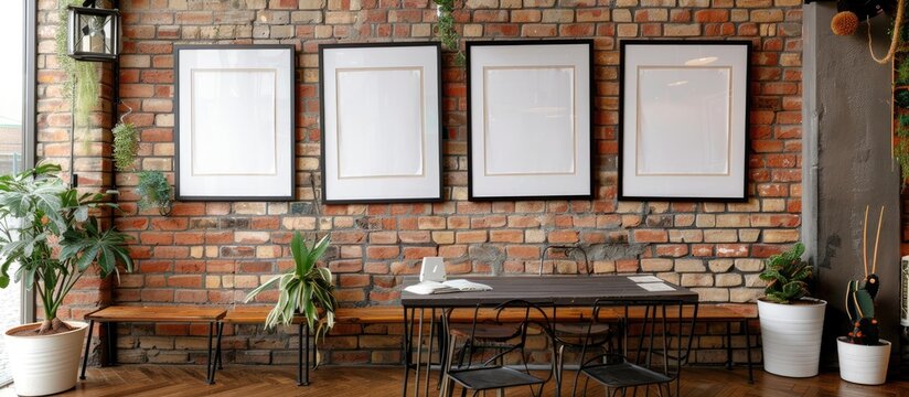 Photo frames arranged in a collage of six on a brick wall for decorative purposes.