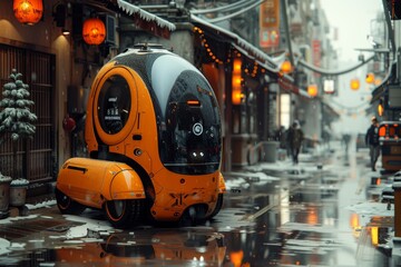 Futuristic robot courier traversing city roads for unmanned deliveries. - obrazy, fototapety, plakaty