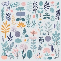 A collection of seamless pattern, colorful abstract plants and flowers. Hand drawn Collection of leaves and flowers. A close up of a pattern of flowers and leaves.
