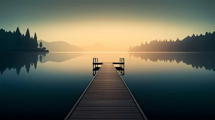 Fotobehang Mid shot of minimalist pier extending into lake © xuan