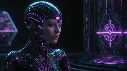 A dazzlingly intricate digitalized glam-goth alien artifact, every pixel bursts with mystery and allure sleek neon-glowing filigree designs in metallic purples and blacks, shimmering yet ominous holog