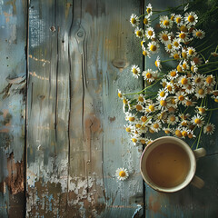 Herbal tea with fresh chamomile flowers on old wooden background, Still life with a cup of tea with a bouquet of daisies on the table