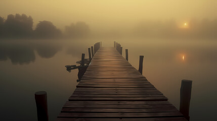 Fototapeta premium Mid shot of minimalist pier extending into lake