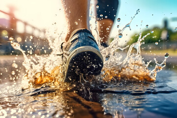 Perspective view from behind a runner sport shoes on a puddle with water splash - obrazy, fototapety, plakaty