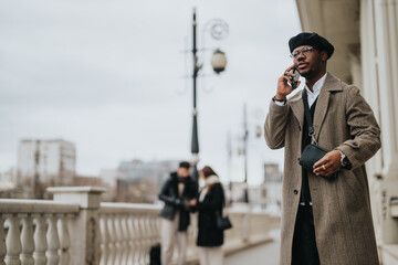 Stylish businessman on a phone call outdoors with urban background.