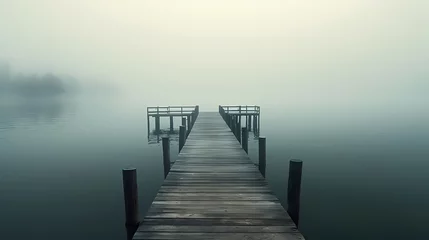  Mid shot of minimalist pier extending into lake © xuan