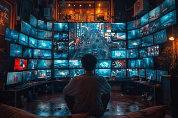 Surveillance of human consciousness: man engulfed by screens broadcasting media