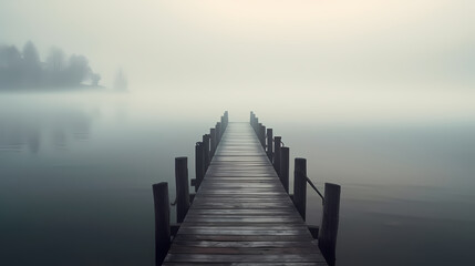 Fototapeta premium Mid shot of minimalist pier extending into lake