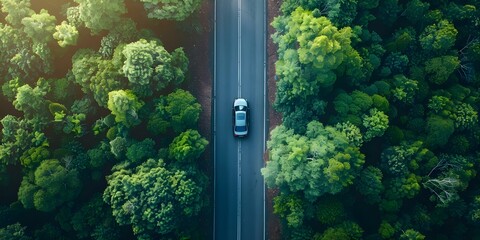Ecofriendly car driving on road with green trees in background promoting sustainable transportation and reducing pollution. Concept Green transportation, Sustainable driving, Eco-friendly car