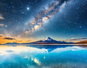 美しい夜空と山、明け方の雲を反射する水面湖 - obrazy, fototapety, plakaty