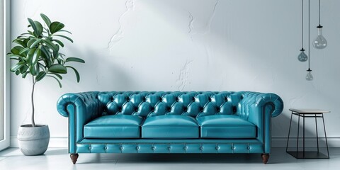 Fototapeta na wymiar A blue leather couch in a white room