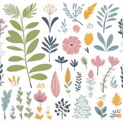 A collection of seamless pattern, colorful abstract plants and flowers. Hand drawn Collection of leaves and flowers. A close up of a pattern of flowers and leaves.
