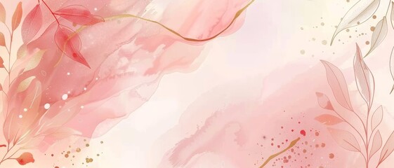 Luxury minimal style wallpaper with golden line art flower and botanical leaves. Watercolor background.