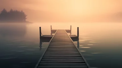 Zelfklevend Fotobehang Wooden pier on the lake at dawn © xuan