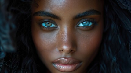Fototapeta premium Heterochromia Beauty: Portrait of Young Black Woman with Different Colored Eyes