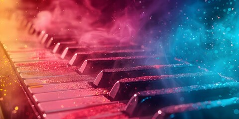 Abstract colorful piano keyboard dust background for World Music Day event banner with musical instruments design. Concept World Music Day, Colorful Piano Keyboard, Abstract Dust Background - obrazy, fototapety, plakaty