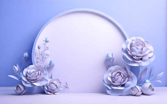 soft blue color beautiful flowers leaf in studio 3D rendering podium for product display wallpaper
