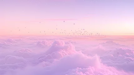 Fotobehang  a pink sky filled with lots of clouds and a star filled sky above the clouds is a flock of birds. © Anna