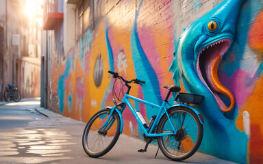 Ai generated image from an urban alley with a bicycle on a wall filled with graffiti