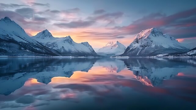 Majestic fjords in Norway, with snow-capped mountains reflecting on calm waters at sunrise. beautiful landscape, mountains with reflections and mirroring in the water.