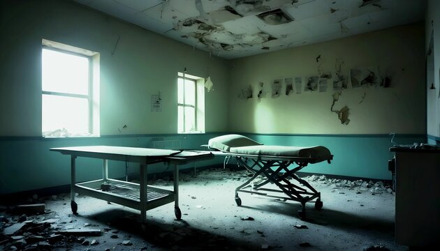 Dim light shining in a ghostly old hospital interior room with operating table. Rubble and debris on floor and walls. Morgue. Ghost town. Horror slasher captivity facility created with generative ai