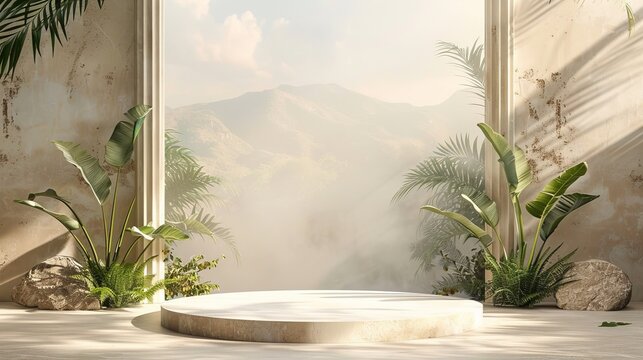 A podium set against a light architectural background with natural elements provides a 3D rendered stage for premium products