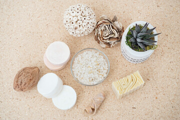 natural soap and bath salt with plant