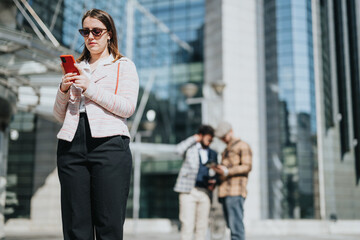 Focused young businesswoman checking her smart phone while male colleagues discuss strategy in the blurred background at a sunny city downtown area.