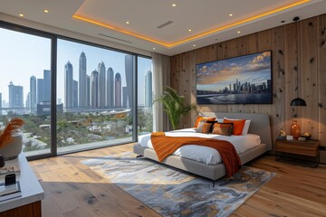 Stylish urban bedroom with floor-to-ceiling windows