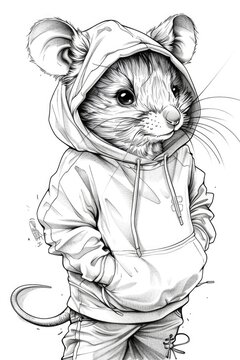A drawing of a mouse wearing a hoodie
