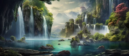  A majestic waterfall flows through a lush green forest, surrounded by towering mountains and trees under a clear blue sky © AkuAku
