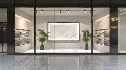A shop's side view features an empty glass showcase, set for advertisement or retail displays, in a 3D Rendering