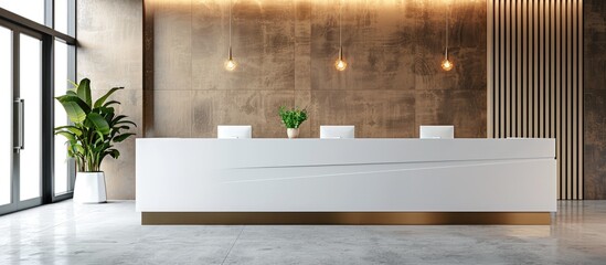 The indoor registration desk table at a hotel or reception area provides ample space for branding with its white and blank design.